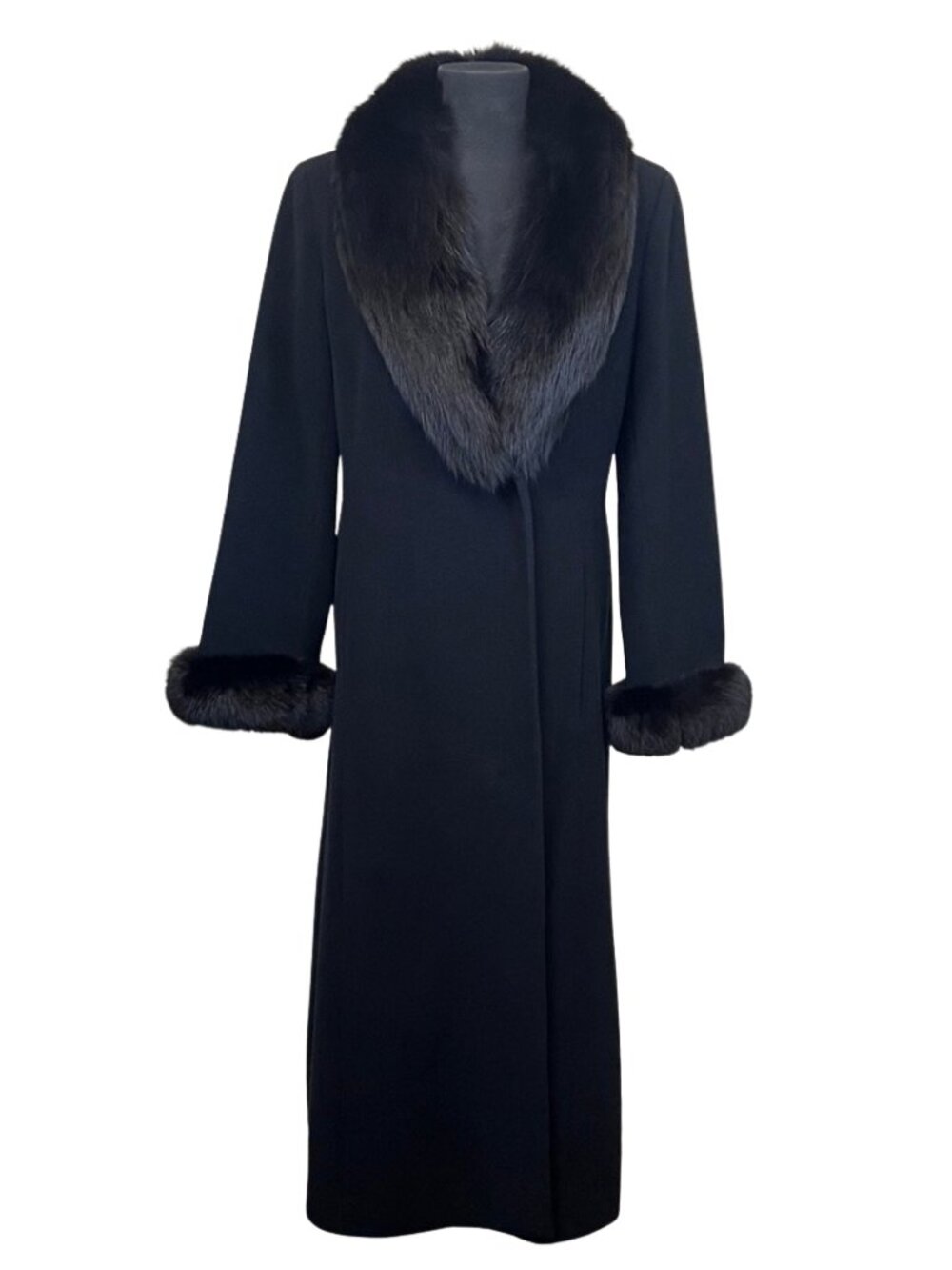 Marvin Richards Black Wool Cashmere Genuine Fox Fur Long Coat Size 10